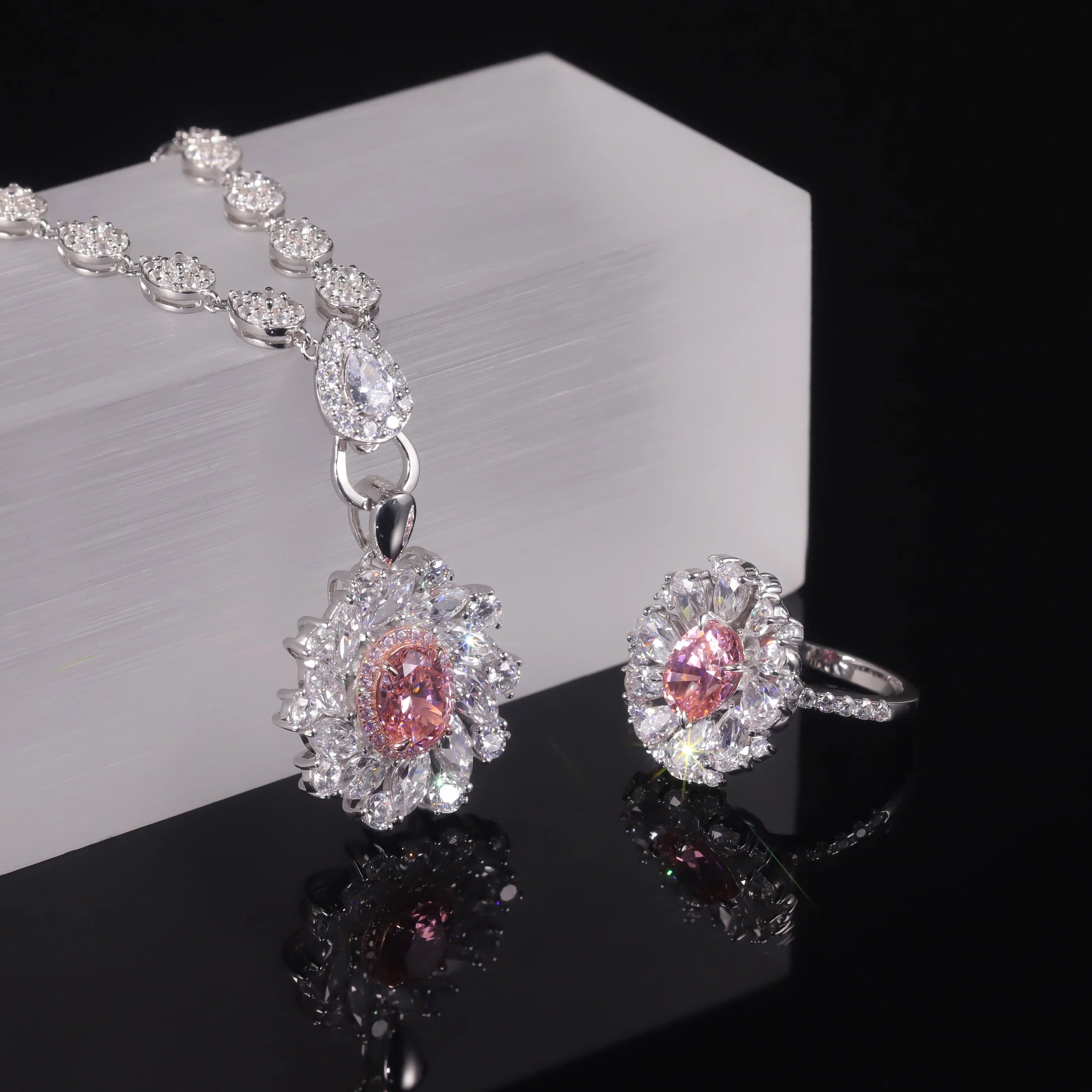 AR338 Abiding Sumptuous Cluster Diamond-fire Padparadscha CZ 925 Silver Iced Out Pink Cz Halo Flower Pendant Charms Ring Set