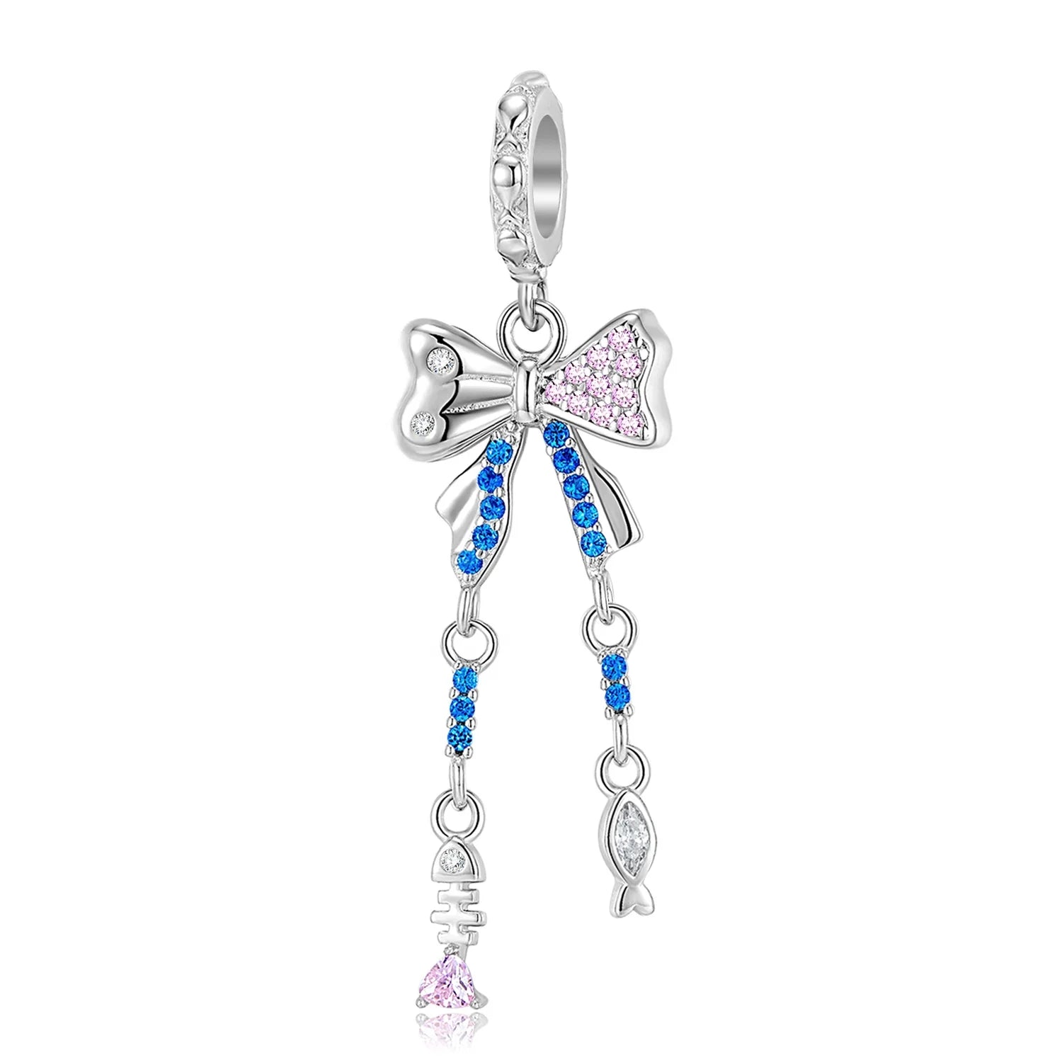 Bowknot Linked to Fishbone Zirconia Pendant Silver Charms 925 Sterling Beads for Women Fine Jewelry Making Charm Bracelet Gift