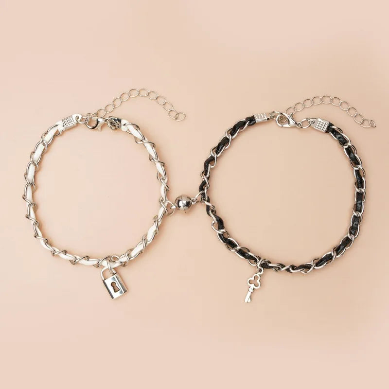 2Pcs/Set Magnet Ball Attraction Chain Leather Key Lock Bracelet for Couple Men Women Key Lock Pendent Stainless Steel Bracelets