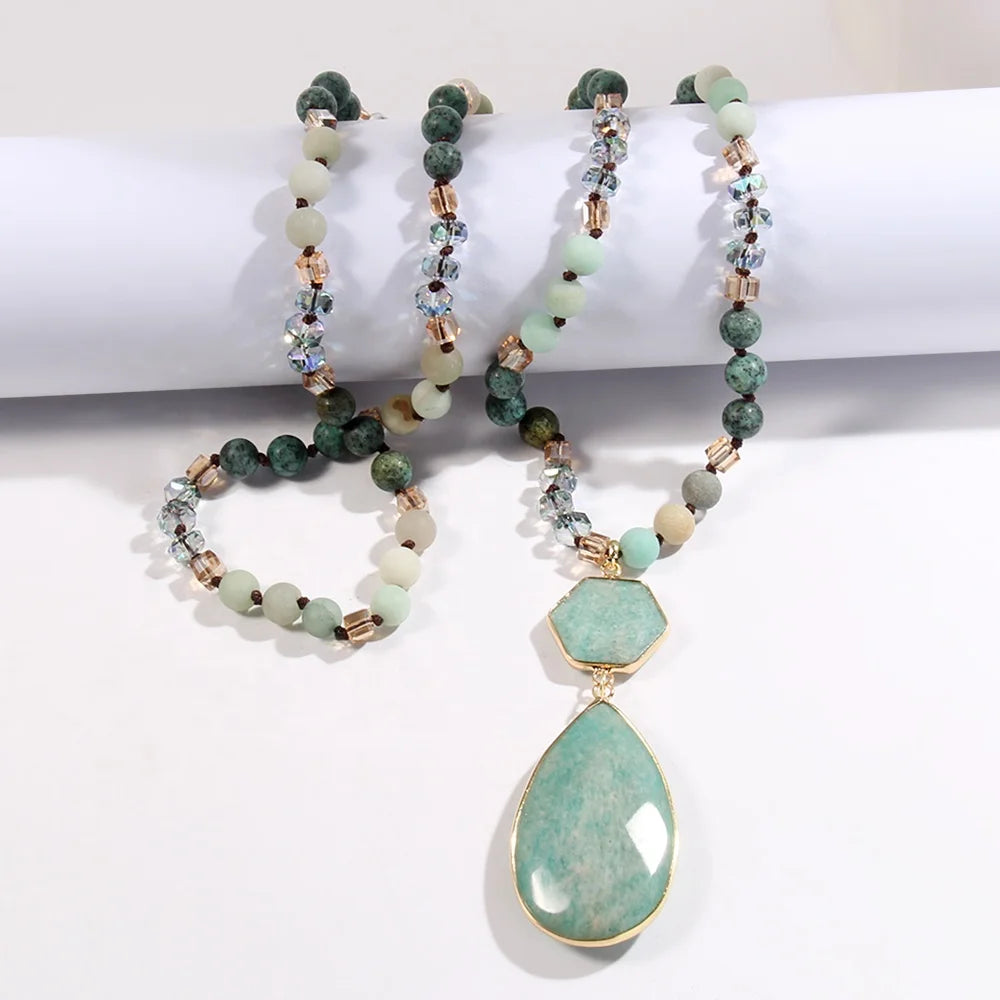 New Fashion Bohemian Jewelry Necklace 8mm Natural Stone Crystal Glass Knotted Necklace Hexagon Charm Drop Stone Pendant Necklace