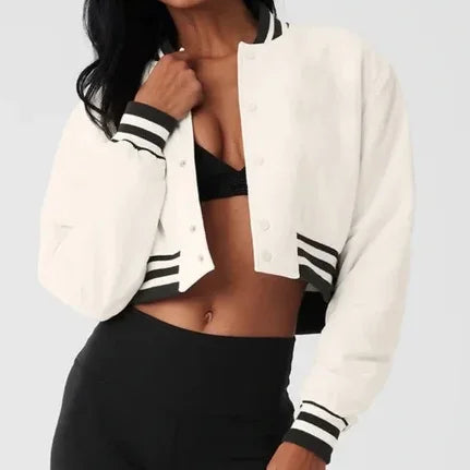 Cropped Jacket Varsity Coat Button up Jacket Striped Regular Fit Relaxed Cropped Jacket Outwear Sweat Wear Sporty Solid Color
