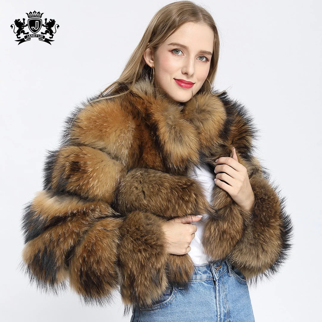 Short Plush Raccoon Coat Luxe Winter Outerwear for Evening Wear and Holiday Fashion Custom Color Women's Real Fur Jacket