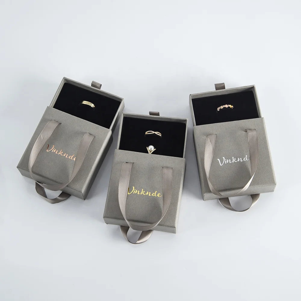 8x8x3cm  Luxury Sliding Handle Grey Paper Cardboard Gift Packaging Bracelet Drawer Jewelry Box Necklace Earrings Storage Holder