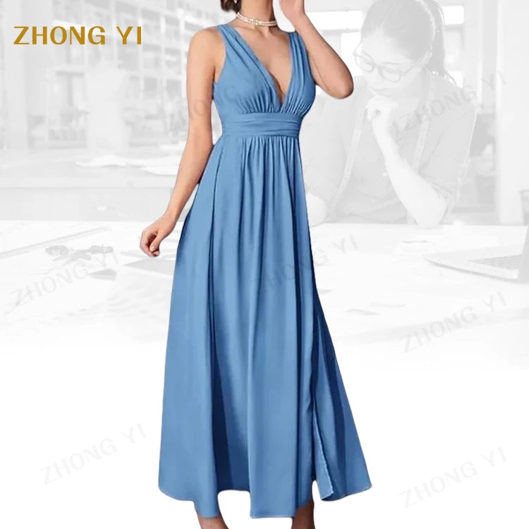 Summer Fashion Elegant Women's Sandbeach Dinner Dress  Design Deep V Sleeveless Closing Pleated Split Party Casual Maxi Dresses