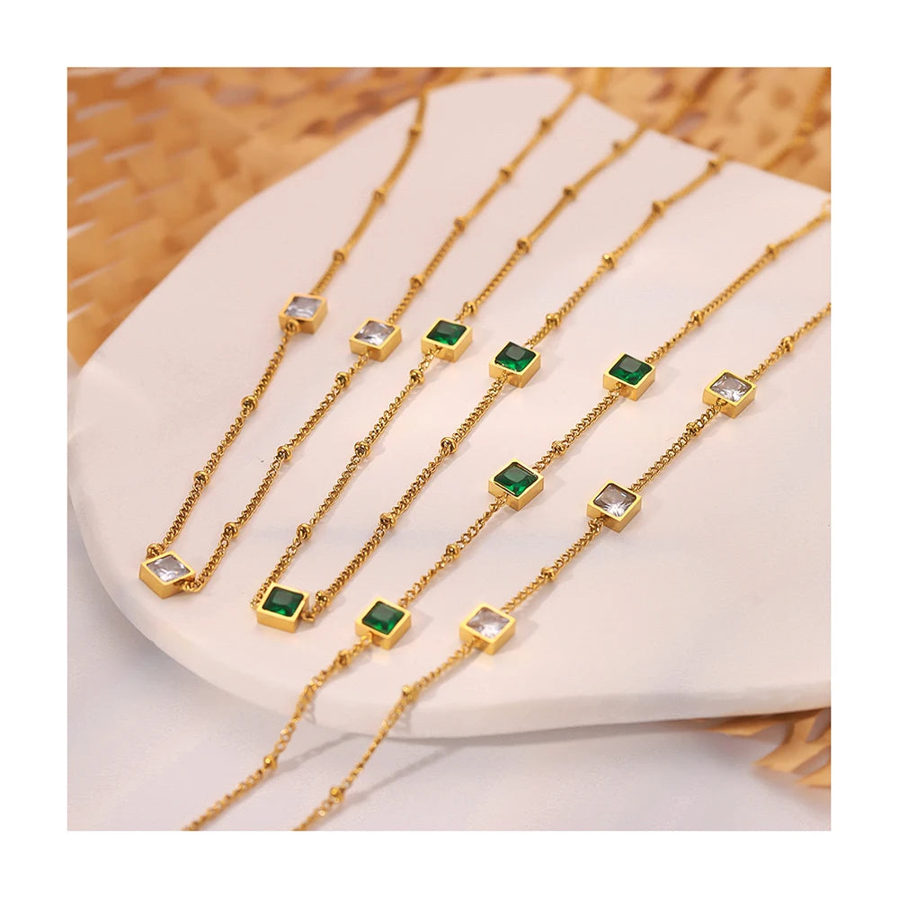 New Arrivals Titanium Steel 18K Gold Plated Green White Cubic Zircon Diamond Necklace for Women Jewelry Sets