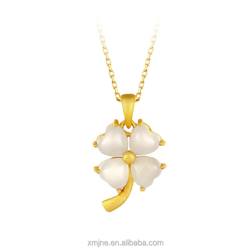 Certified S925 Silver Ancient Silver Gold-Plated Inlaid Natural Hetian Jade Four-Leaf Clover Pendant Women's Necklace Chain