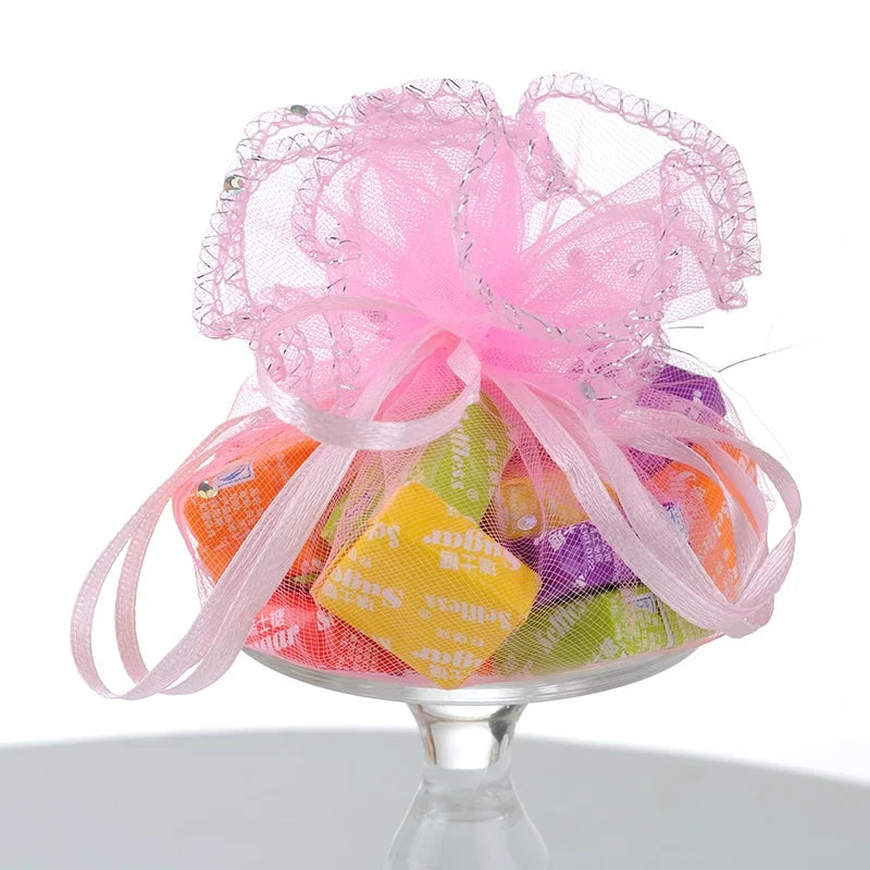 Customized Size Christmas Party Favor Gift Packaging Bags Sheer Organza Favor Bags Round Drawstring Organza Jewelry Candy Pouch