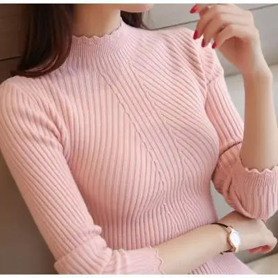 Women Warm Turtleneck Sweater Vintage Solid Basic Knitted Tops Casual Slim Pullover Korean Fashion Simple Chic Jumpers