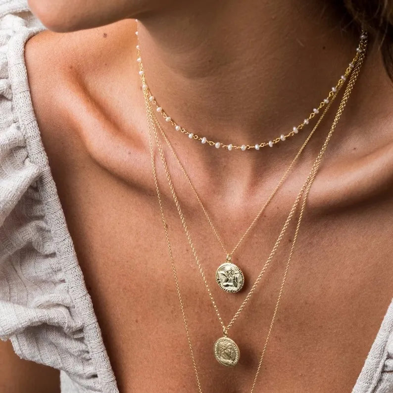New Trendy 18K Gold Plated Stainless Steel Jewelry  Waterproof Retro Pearl Choker Necklace for Women