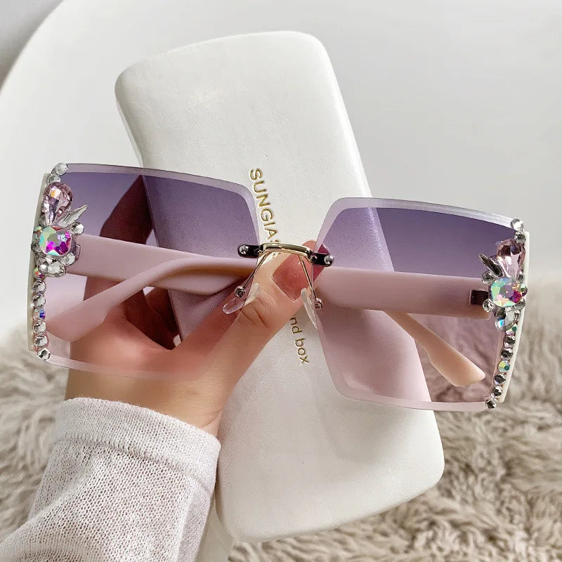Lunette De Soleil Luxury Square Rimless Rhinestone Sun Glasses Female Shades Cutting Lens Gradient Sunglasses