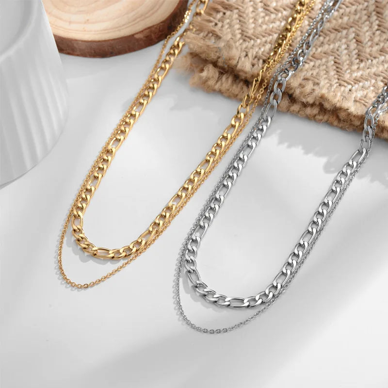 Waterproof 18K Gold Plated Figaro Chain Oval Cable Chain Layered Necklace for Women Girls