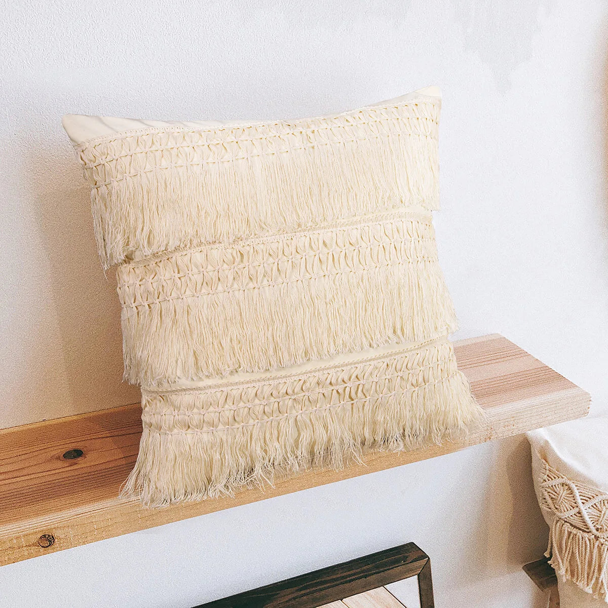 Macrame White Cushion Cover Tassel Sham Boho Cotton Cushion Cover Tufted Cute Pillow Cases Square Pillowcases for Couch Sofa Bed