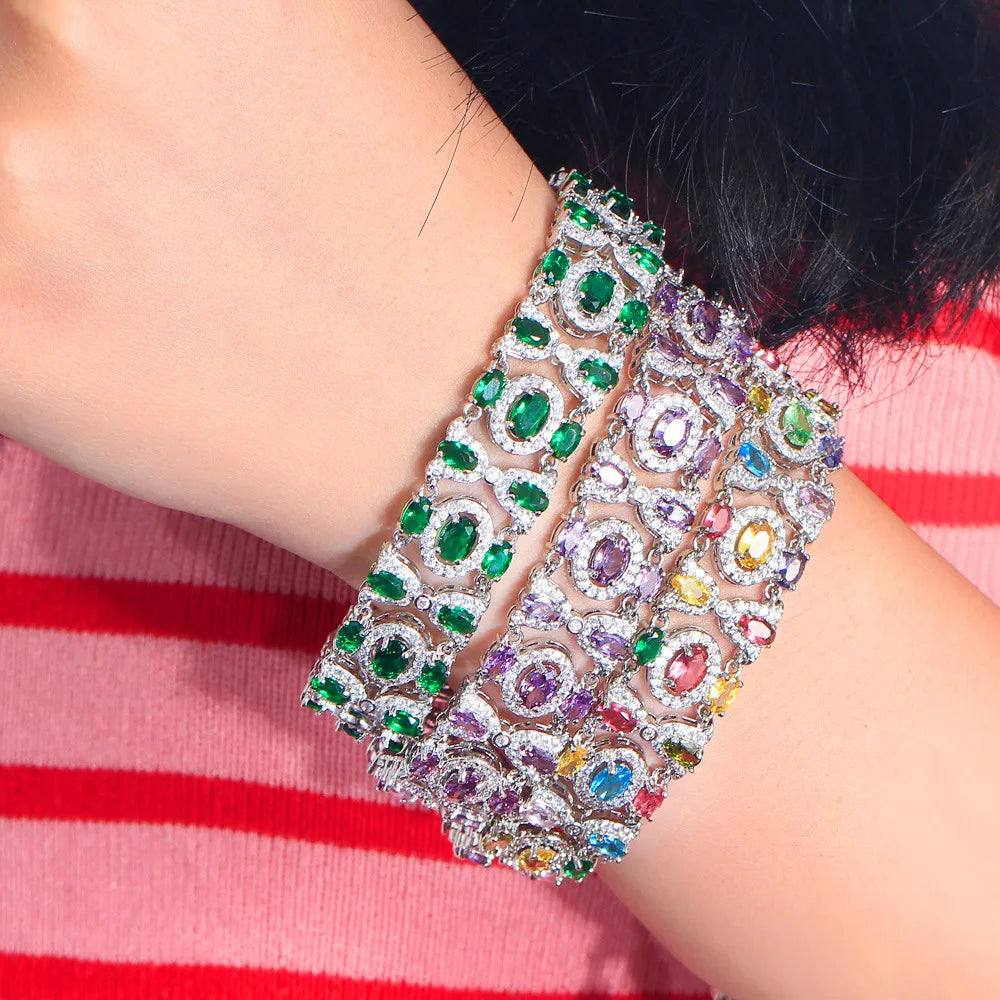 Elegant Bling Green Color Cubic Zirconia Stone Chain Link Party Bracelet for Women Vintage Ethnic Wedding Bridal Jewelry
