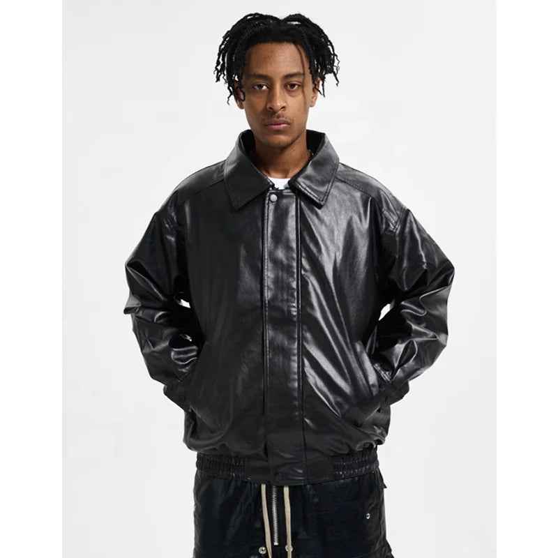 OEM Private Label Men's PU Leather Jacket Plus Size Winter Stock Drop Shipping Button Decoration Washed Technics Breathable