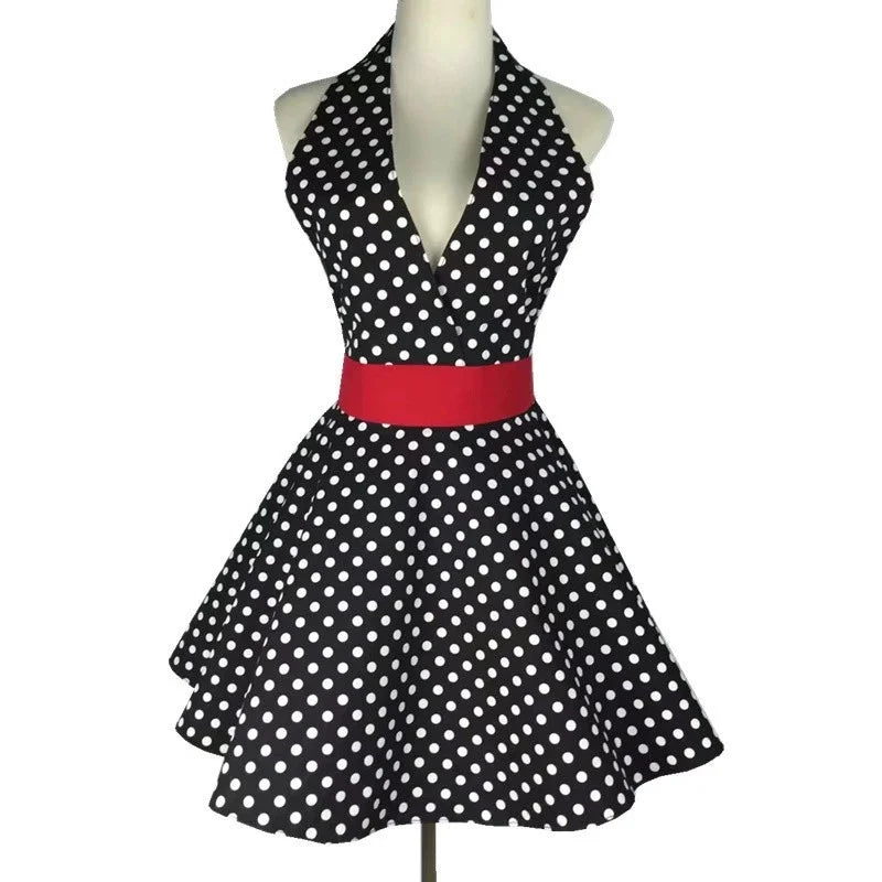 Durable Retro Polka Dot V-Neck Cotton Apron Reusable and Washable Kitchen Bib for Home Hotel or Work for Maids or Adults