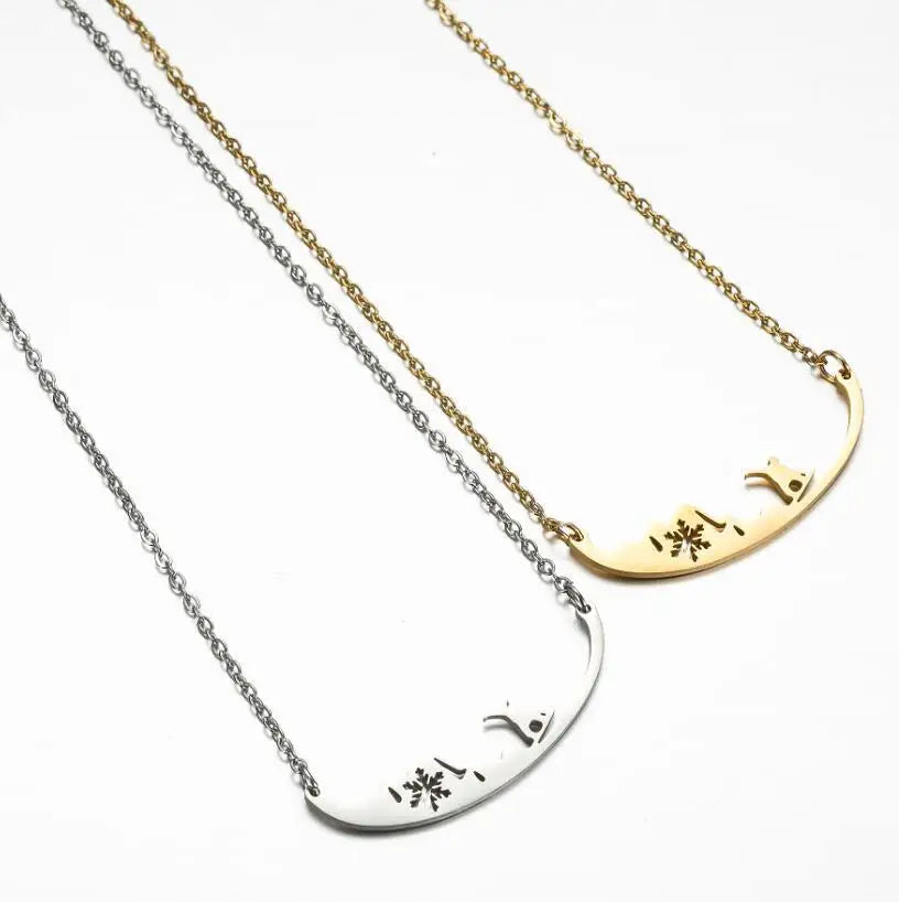 Winter Sports Snowboard Necklace Hip Hop New Stainless Steel Hollow Snowflake Pendant Christmas Collar Chain Necklace