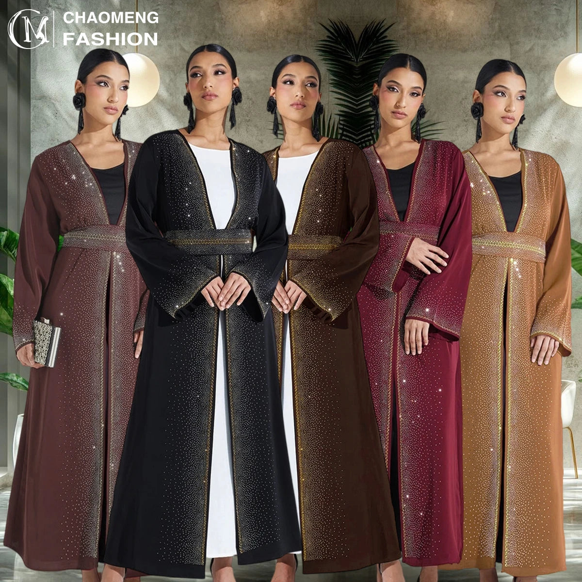 Eid Luxury Sparkle Diamond Open Abaya With Diamond Belt With Side Pockets Nida Material Popular Women Rhinestone Abaya 2010#