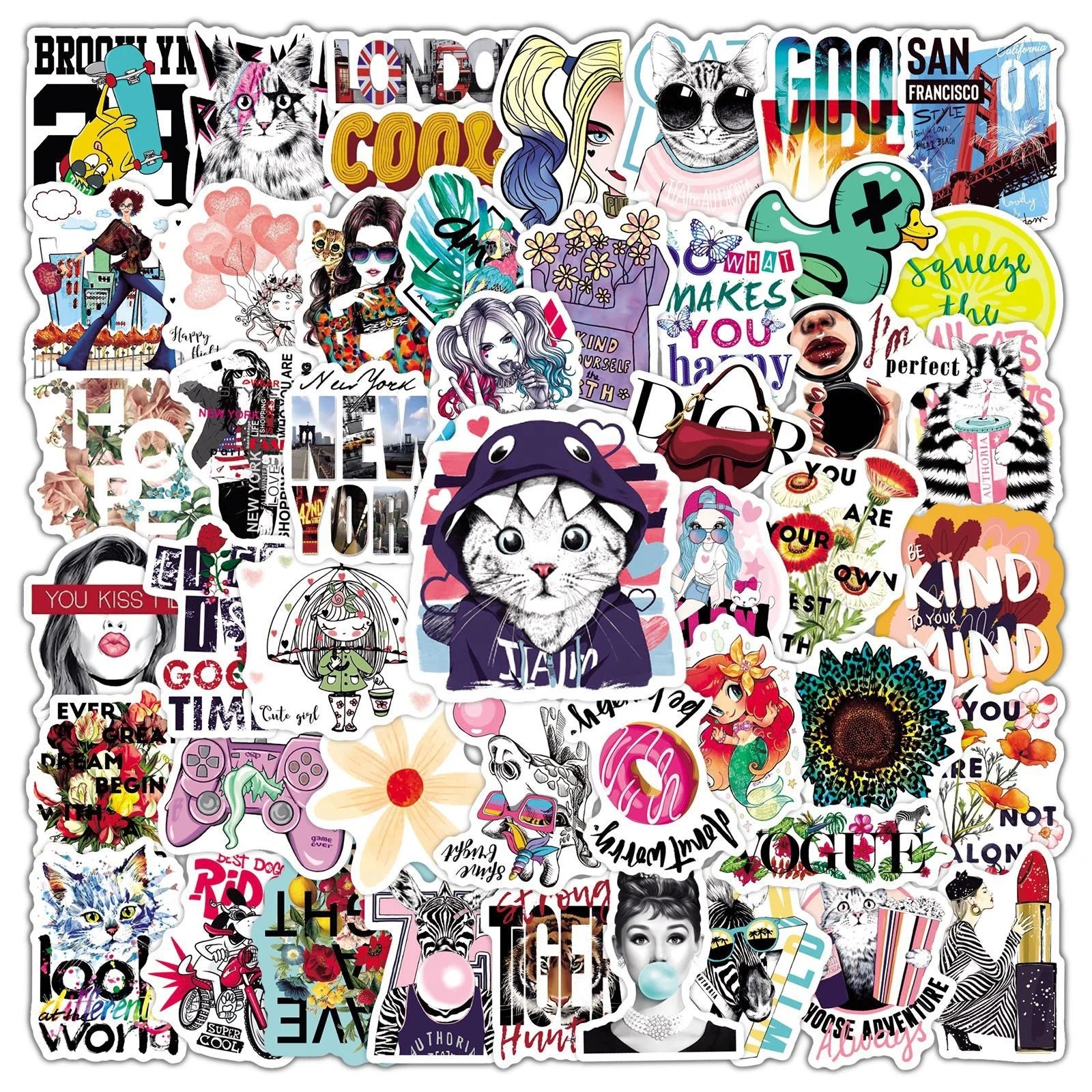 50Pcs Cool Girl Hippie Colorful Fresh INS Girl Funny Bottle Notebook Car Table Diy Vinyl Label Stickers