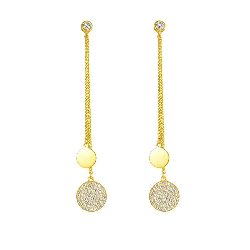 Wholesale Sense Women Simple Style Korea Round Disc Charm Dangling Gold Plated Full Zircon Silver 925 Simple Earrings