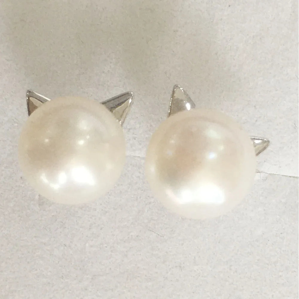 925 Silver cat Shape Stud Earring Nature Freshwater Pearl Stud Earrings .