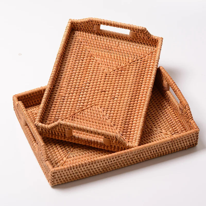 New Durable Woven Rectangle Rattan Serving Tray Storage Basket Tray