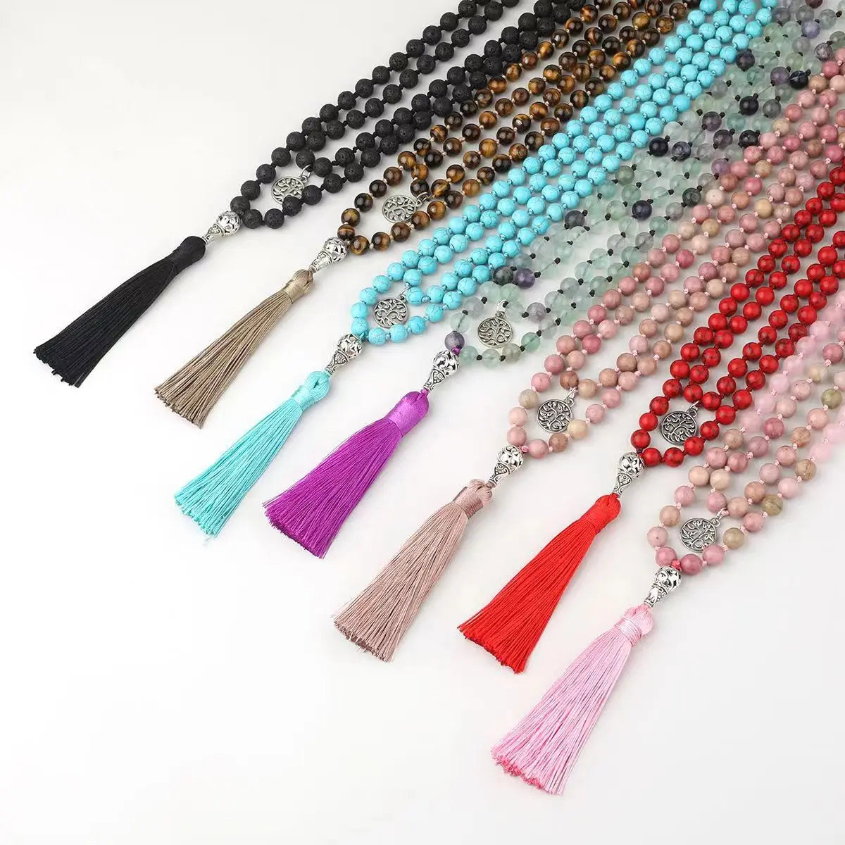 108 Mala Prayer Necklace Stones 108 Hand Knotted Mala Beaded Long Tassel Necklace with Tree of Life Charm for Men and Women