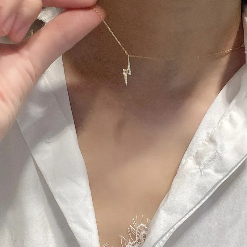 Creative Unique Design Fashion Pure 925 Sterling Silver CZ Zircon Lighting Pendant Necklace for Women Girls Jewelry