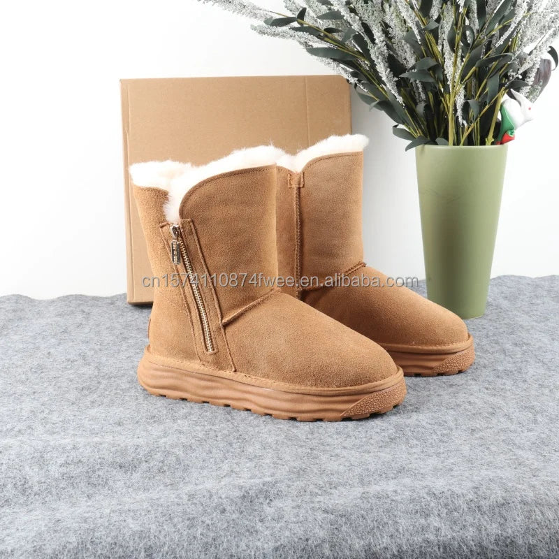 High-End Women's Winter Short Ankle Bootie Boots Genuine Leather Upper Non-Slip Comfortable Warm Wool Lining Zipper Design Snow