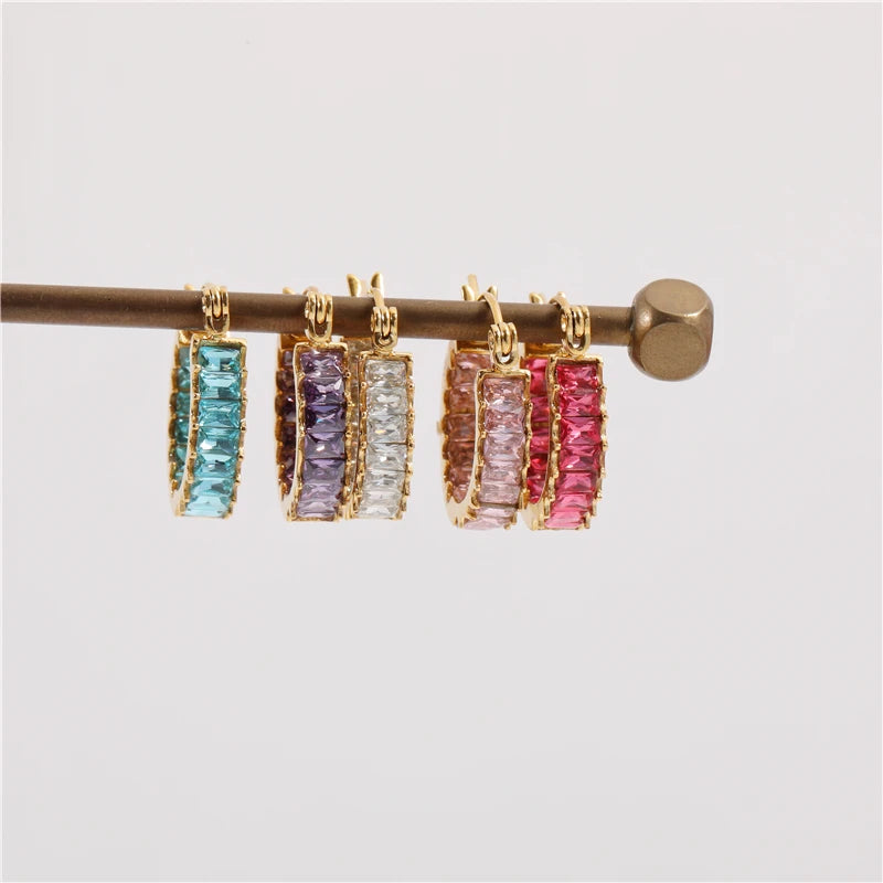 2022 Trendy 18K Gold Plated Luxury Baguette Zirconia Pave Hoop Earrings Non-Tarnish Stainless Steel Geometric Pattern Wholesale MegaBDM