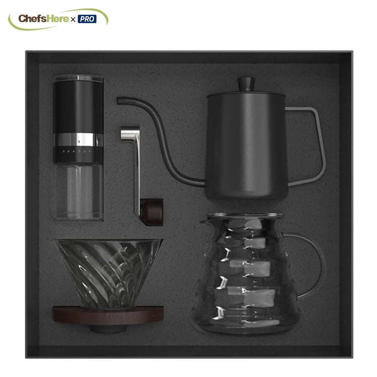 New Arrivals Hot Pour Over Drip Coffee Gift Bag Set Box with Hand Ceramic Manual Coffee Grinder Glass Filter Saver Spoon