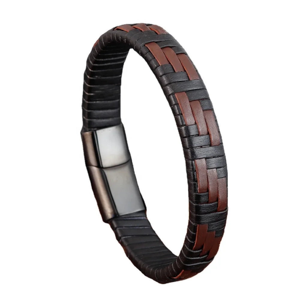 Popular European and American men hand made stainless steel bracelet 316L black leather bracelet magnetic buckle vintage jewelry