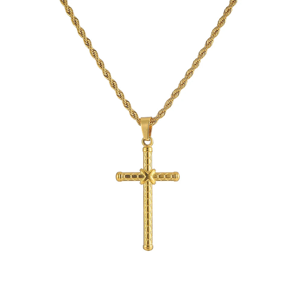 Simple Hip Hop 18k Gold Plated Titanium Steel Twisted Chain Wrapped Cross Pendant Mens Necklace