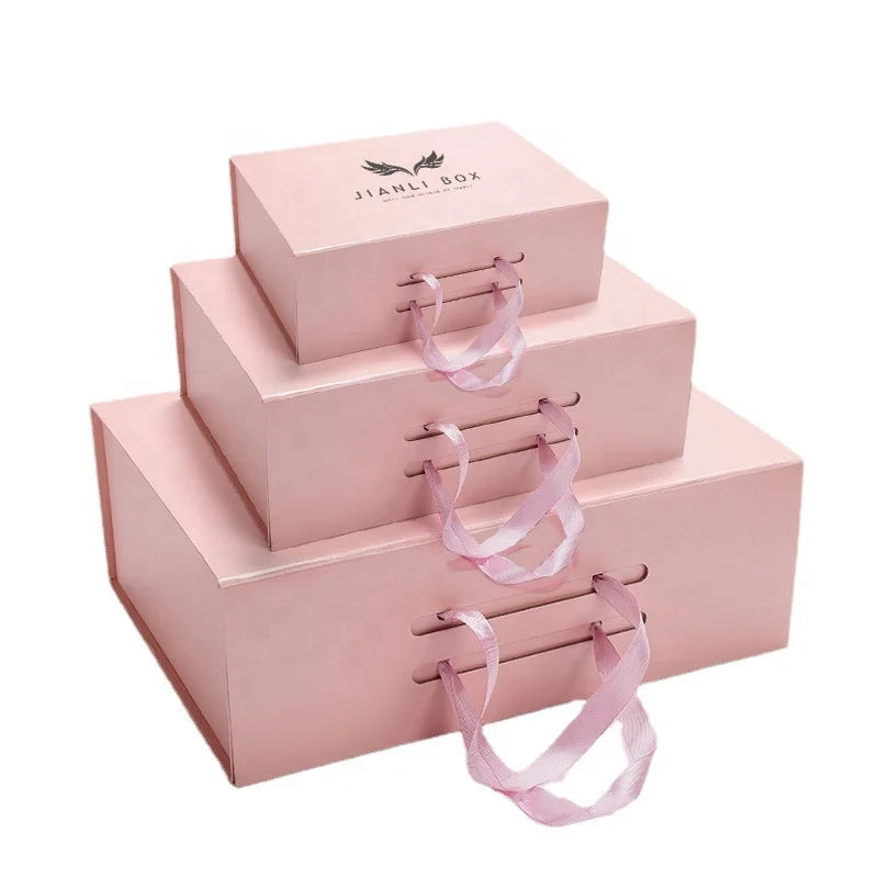 Recyclable Custom Pink Foldable Shoe Box Handmade Corrugated Cardboard Box with Handle UV Coating for Fur & Socks Packaging
