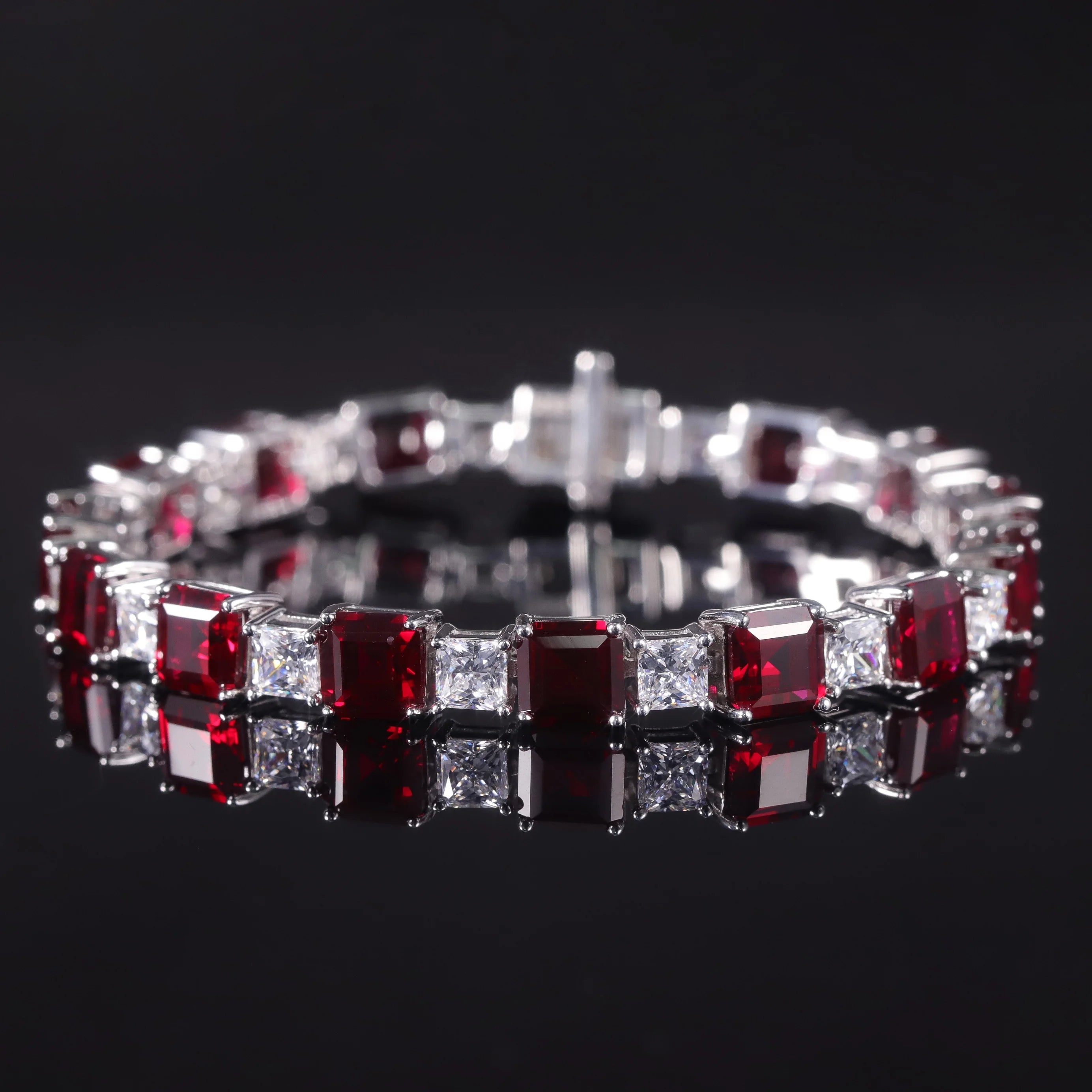 AB004 Abiding Alternating 925 Sterling Silver Luxury Princess Cut 6x6MM Lab Created Ruby Cubic Zirconia Pave Tennis Bracelet