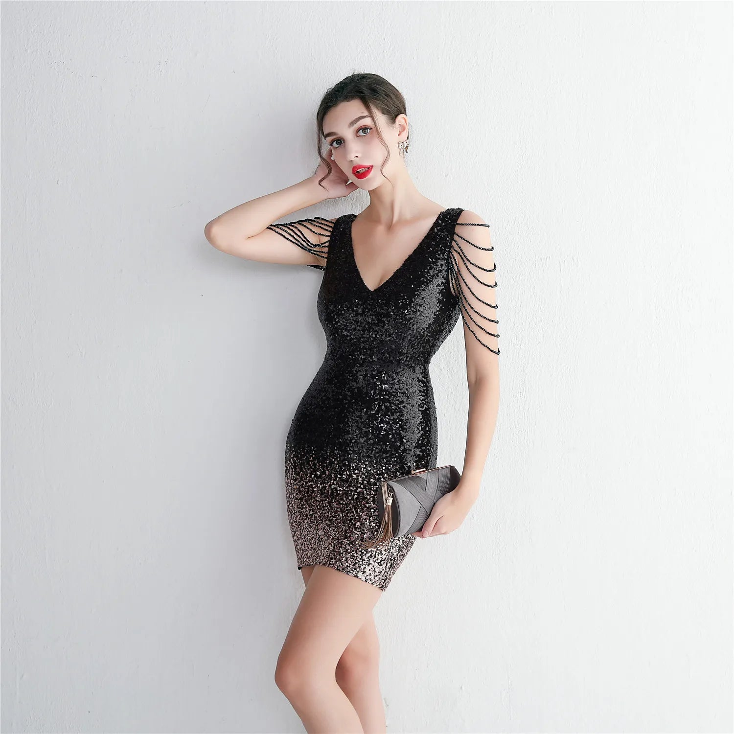 19616# Long Banquet Slim-fit Evening Temperament Elegant Short Style Gradient Bead Craft Beading Party Dress