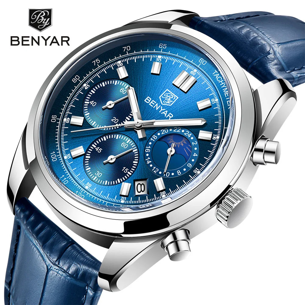 5193 BENYAR 2023 New Luxury Quartz Watch Men Classic Leather 50m Waterproof Clock Gift Sports Multifunctional Chronograph