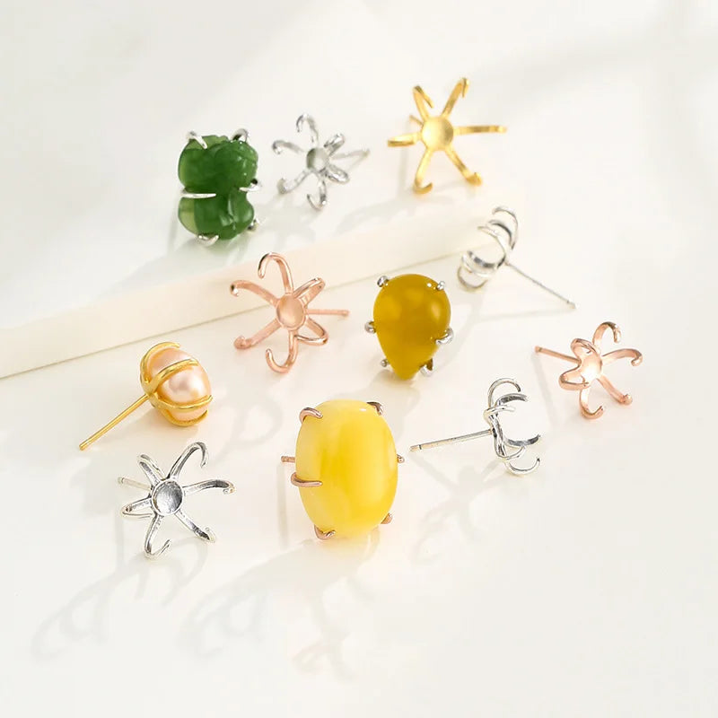 10mm 14mm Ear Stud Setting Sterling Silver Earring Post FindingsFaceted Stone Setting 6 Prongs Claws Earrings Accessories