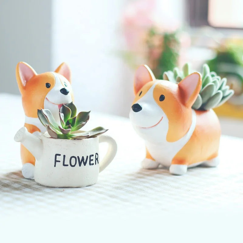 Popular Items Personality Creative Cartoon Corgi Resin Tabletop Potted Micro-Landscape Ornament Succulent Plant Small Flower Pot