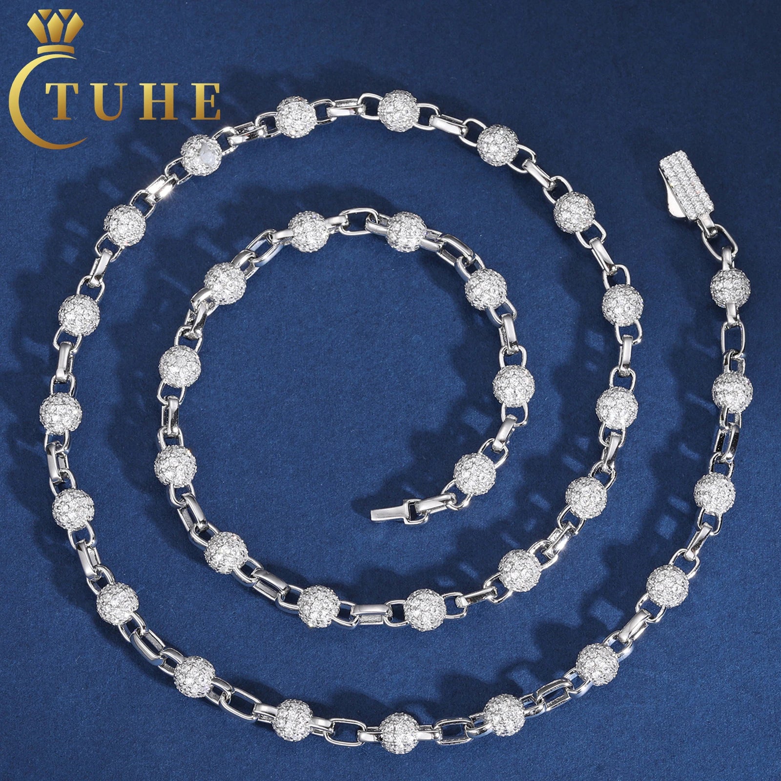 Hot Sale Style Rapper's Necklace White Gold 6mm 925 Sterling Silver VVS Moissanite Diamond Iced Out Bead Link Chain