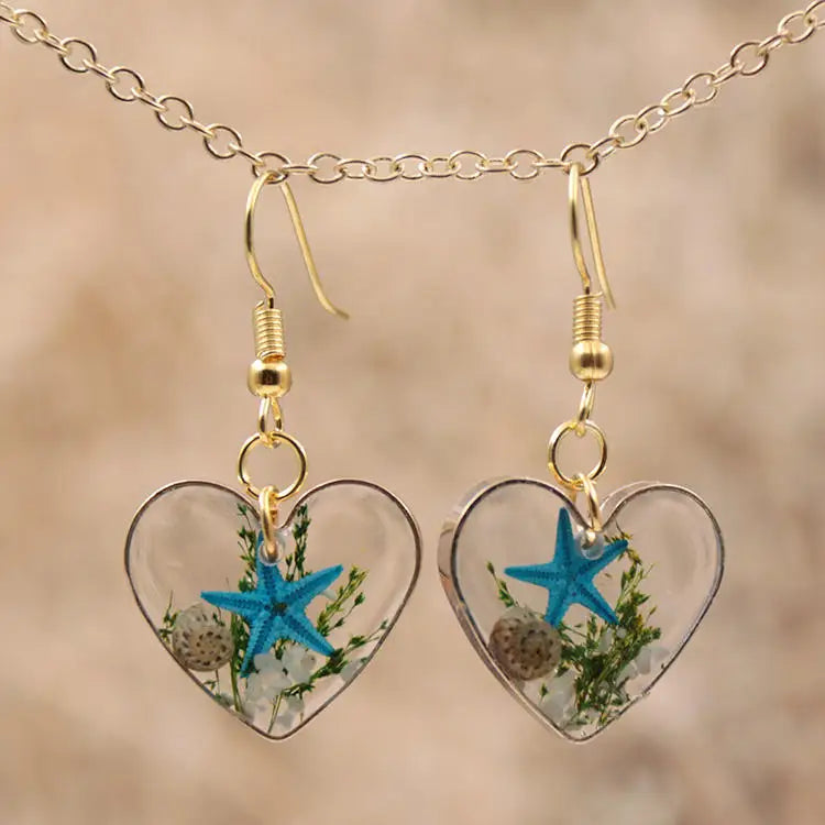 Fashion Heart Drop Shape Ocean Series Resin Jewelry Earring for Women Real Sea Starfish Earrings