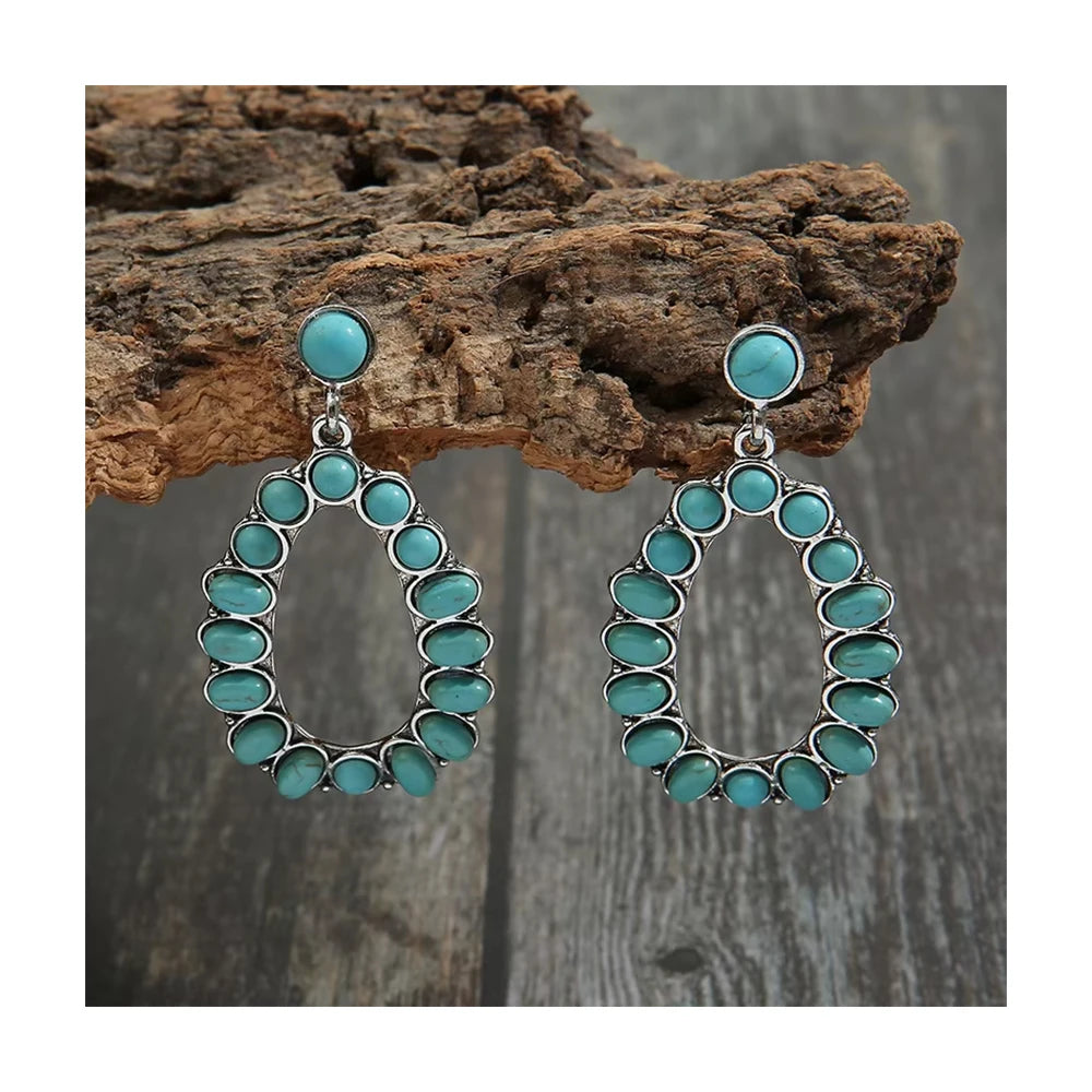 Rsingmoon New Boho Turquoise Stone Hoop Earrings Vintage Statement Western Ethnic Hollow Pendant Earrings for Women