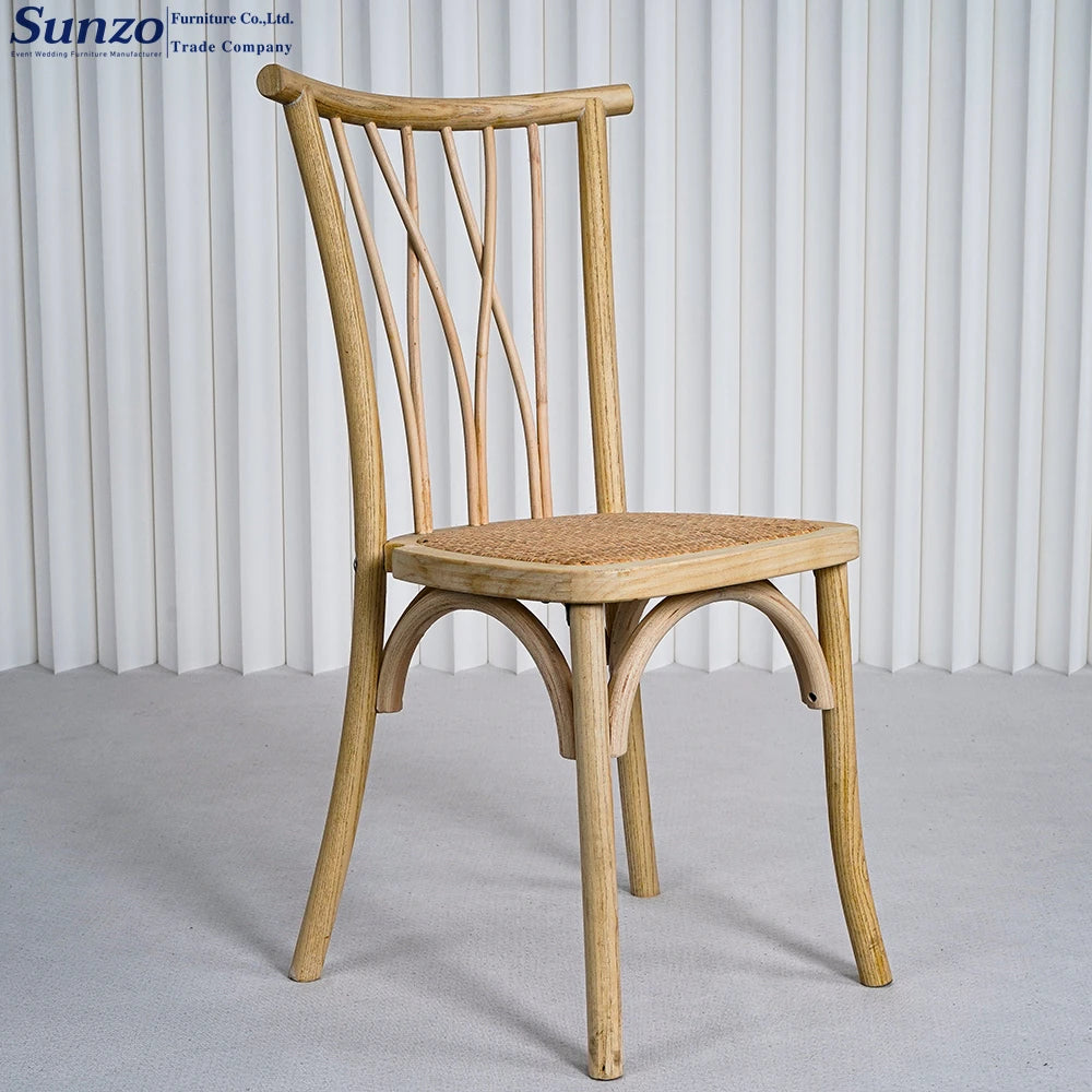 Sunzo Solid Wood Cross Botanica Chair Tackable Rattan Wooden for Event Banquet Dinning Wedding Chairs