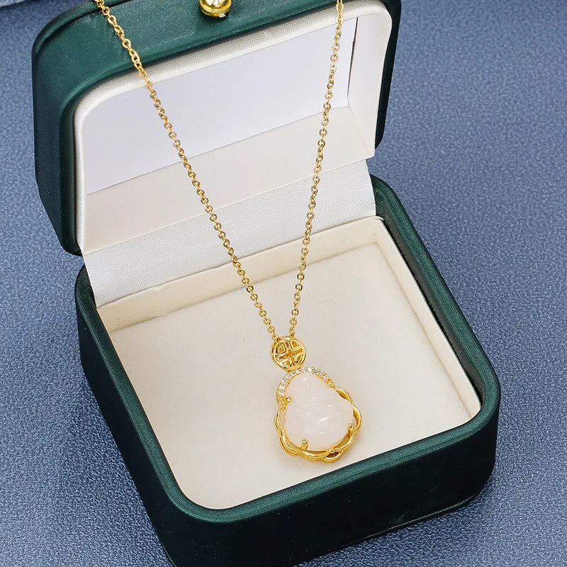 14K Gold Stainless Steel Happy Buddha Pendant Necklace Natural Jade Buddha Necklace Good Luck Gift for Friends