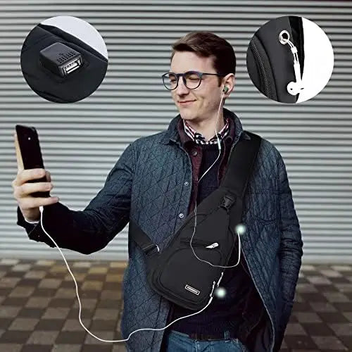 Men's Women's Anti-theft PU Waterproof Durable Lightweight USB Backpack Letter Nylon Lined Zipper Closure Stylish Crossbody
