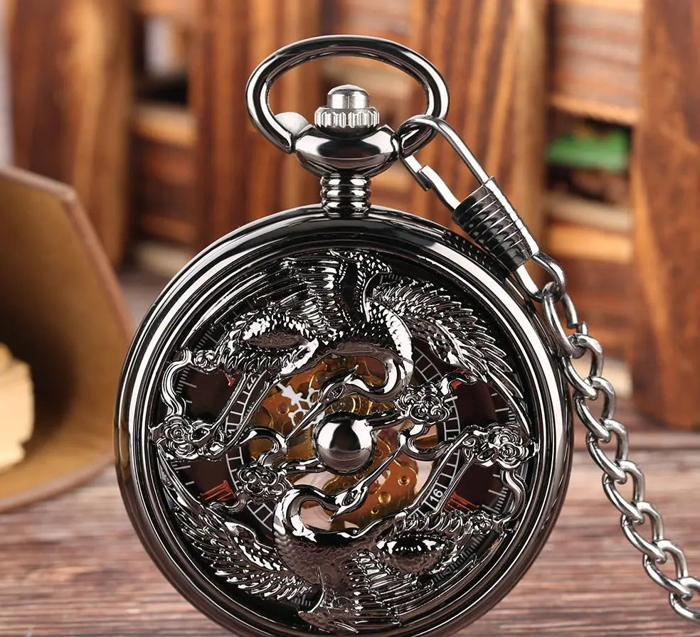 Hollow Manual Watches Key Chain Retro Crane Roman Mechanical Pocket Watches