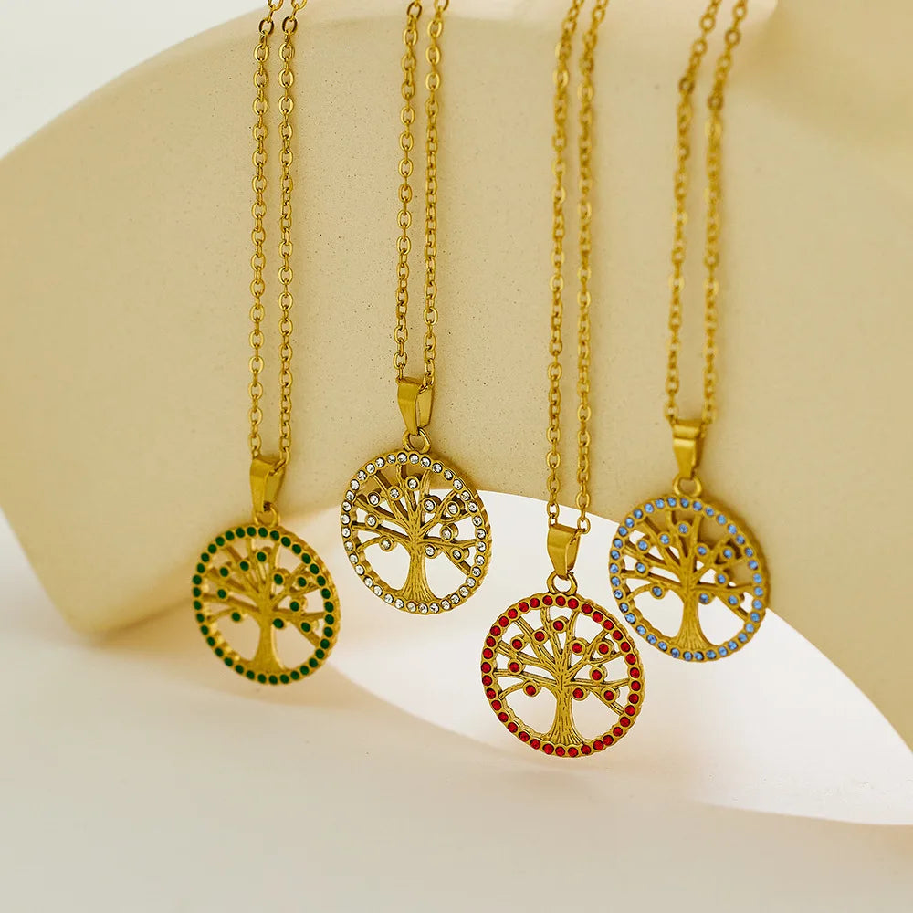 Ins Vintage Colorful Cubic Zircon CZ Family Tree Necklace Stainless Steel Life of Tree Pendant Necklace for Women Girl