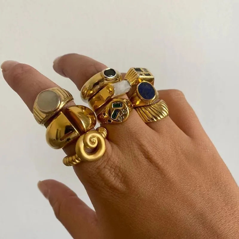 Elegant Rings Jewelry Joyeria Women 18k Gold Plated Stainless Steel Jewelry Modern Large Curve Wide Band Statement Open Ring
