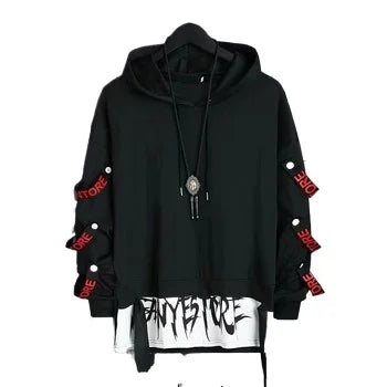 Fitspi Autumn Casual Black Hoodies Tops Men's Hoodie Sweatshirt Techwear Hip Hop Harajuku Patchwork Japanese