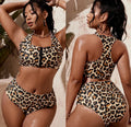 STOCK Zipper Front Sporty Swimwear With Pad Cheetah Print 4XL Bikini Plus Size High Waist Swimsuit