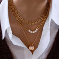 QISEN 2026 Layering Gold Chain Necklace with Pearl Square CZ Pendant Stainless Steel 18K Gold Plated Beaded Necklace for Women